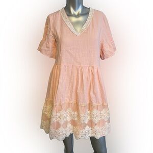 FancyInn blush Elegant Pink Lace Trim boho fairy babydoll fully lined Dress. Sml